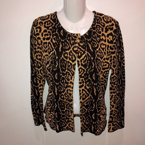 Maison Olga Women Sz 2 Black Gold Animal Print Long Sleeve Open Cardigan Sweater - Picture 1 of 9